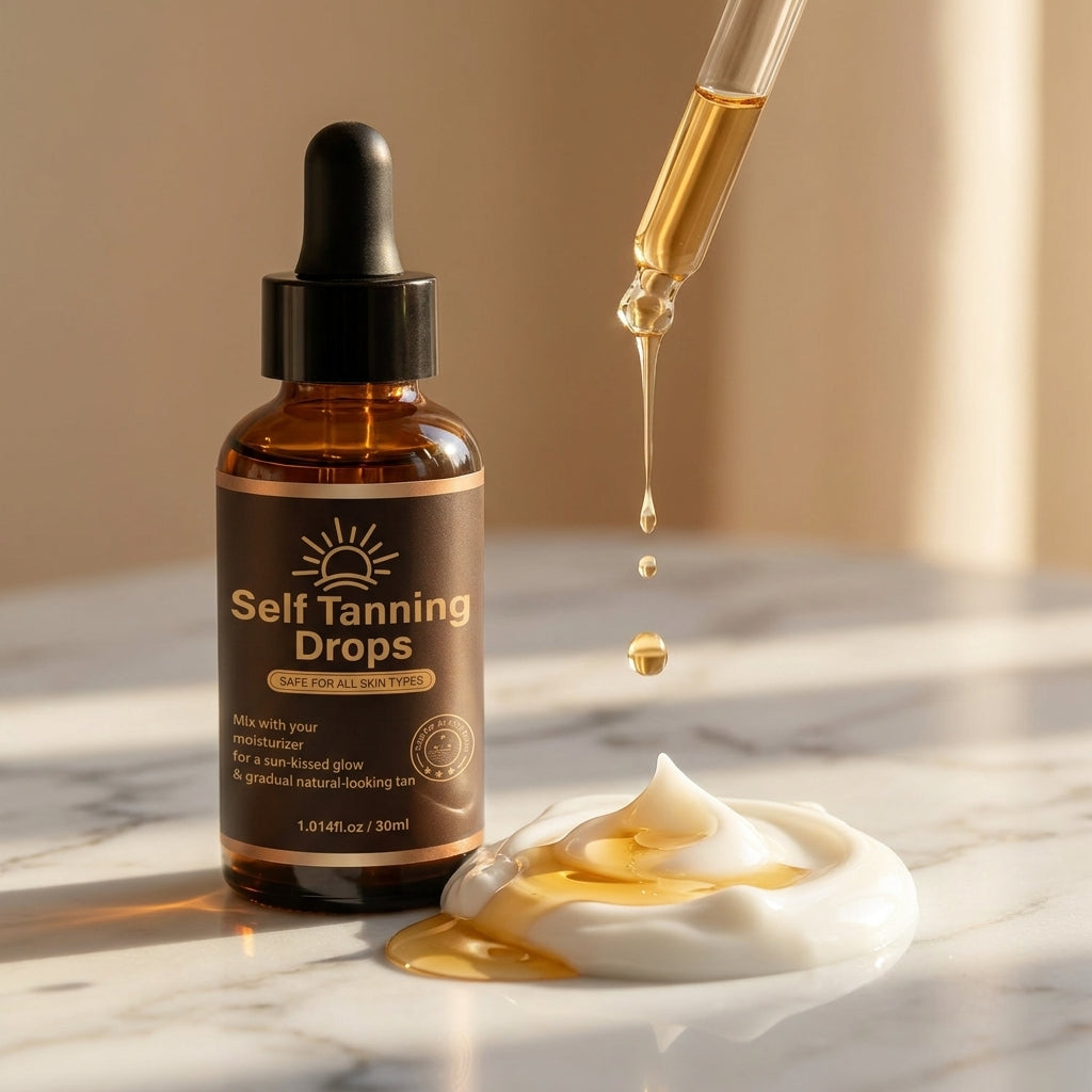 Self-Tanning Drops — golden drops falling into moisturizer on marble