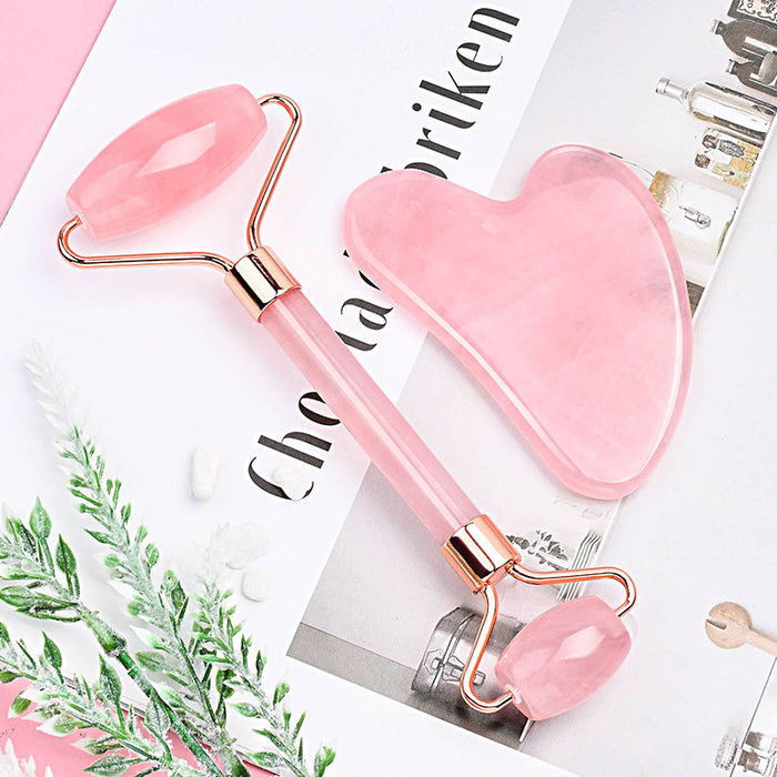 Rose Quartz Gua Sha & Facial Roller Set — Sculpt, De-Puff & Glow